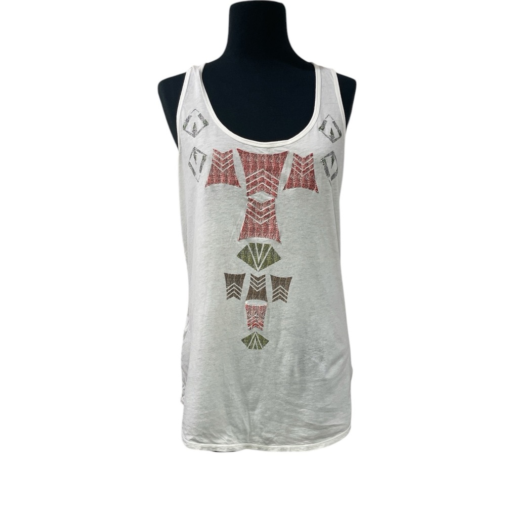 CAbi White Red Graphic Embellished Tribal Print lightweight Tank Top